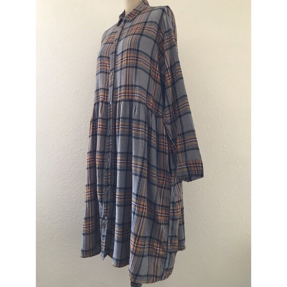 Monki Gray Yellow Plaid Flannel Collared Long Sleeve Casual Winter Shirt Dress M - Picture 5 of 12